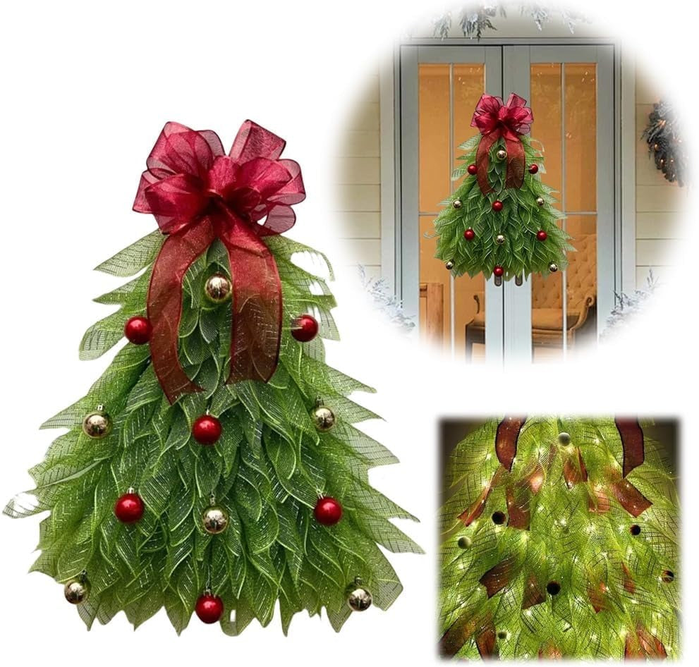 🎁🎄Inverted Christmas Tree Wreath with LED Lights – Handmade Holiday Door & Window Decoration, Unique Lighted Xmas Decor