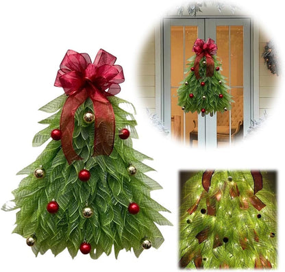 🎁🎄Inverted Christmas Tree Wreath with LED Lights – Handmade Holiday Door & Window Decoration, Unique Lighted Xmas Decor
