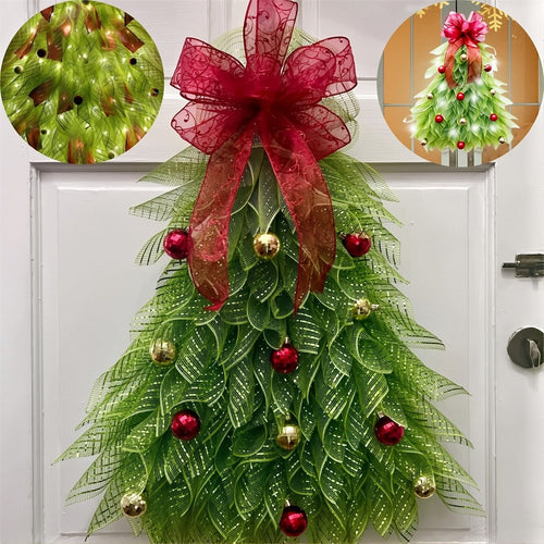 🎁🎄Inverted Christmas Tree Wreath with LED Lights – Handmade Holiday Door & Window Decoration, Unique Lighted Xmas Decor