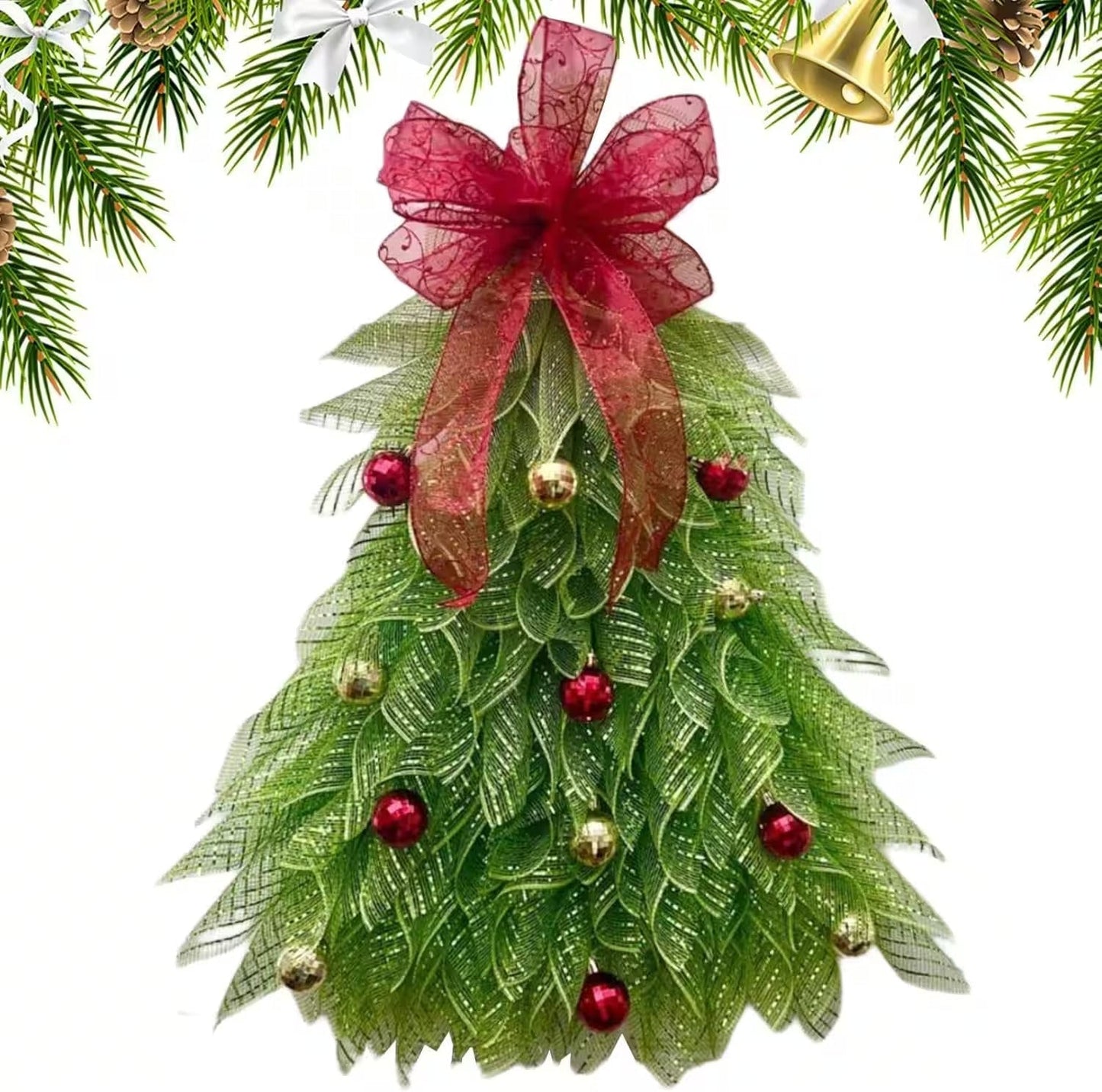 🎁🎄Inverted Christmas Tree Wreath with LED Lights – Handmade Holiday Door & Window Decoration, Unique Lighted Xmas Decor