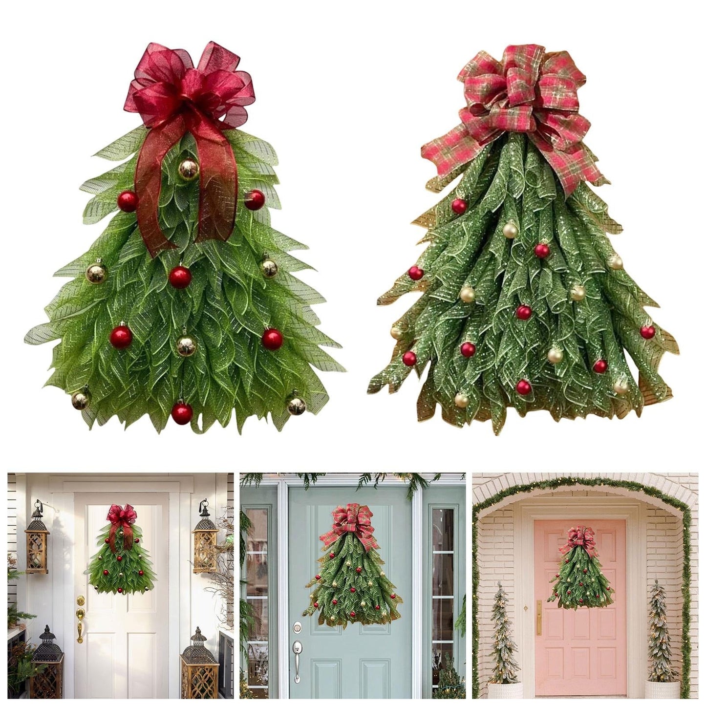 🎁🎄Inverted Christmas Tree Wreath with LED Lights – Handmade Holiday Door & Window Decoration, Unique Lighted Xmas Decor